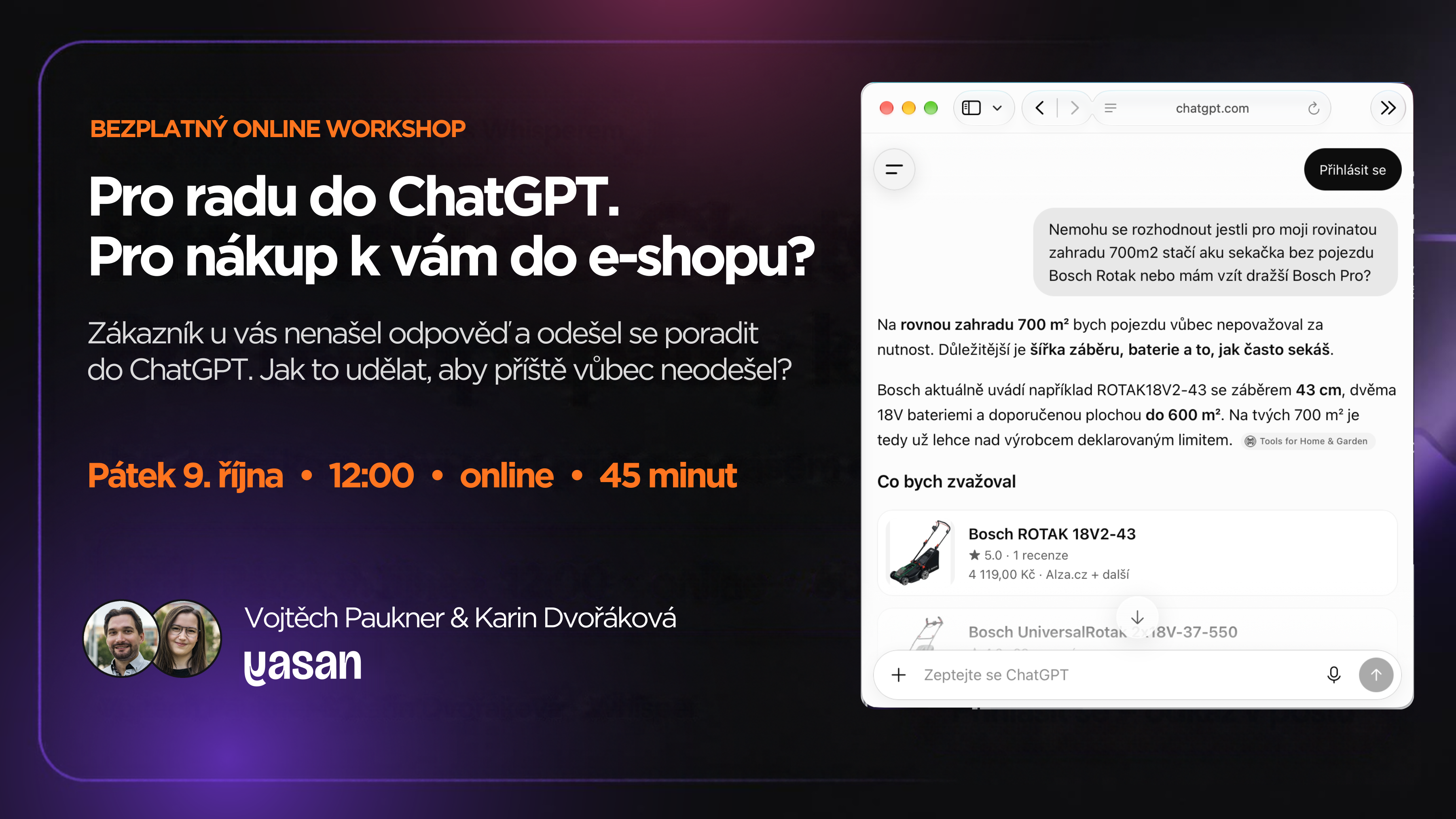 Bezplatný online workshop. Pro radu do ChatGPT. Pro nákup k vám do e-shopu? Pátek 9. října, 12:00, online.